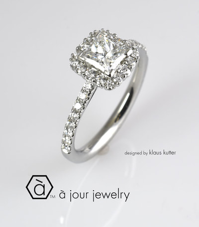 Modern princess halo diamond engagement ring 19K white gold