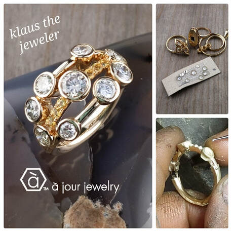 Custom made ring constructed from three generations of existing jewelry. Handmade in Rhode Island by A Jour Jewelry